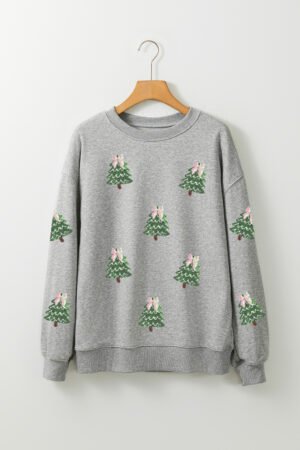 Gray Sequined Xmas Tree Patched Patterned Holiday Pullover Sweatshirt - Image 3
