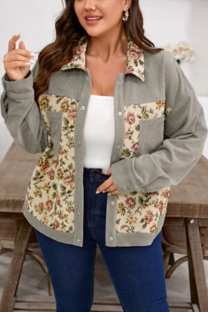 Medium Grey Corduroy Floral Patchwork Vintage Jacket - Image 13