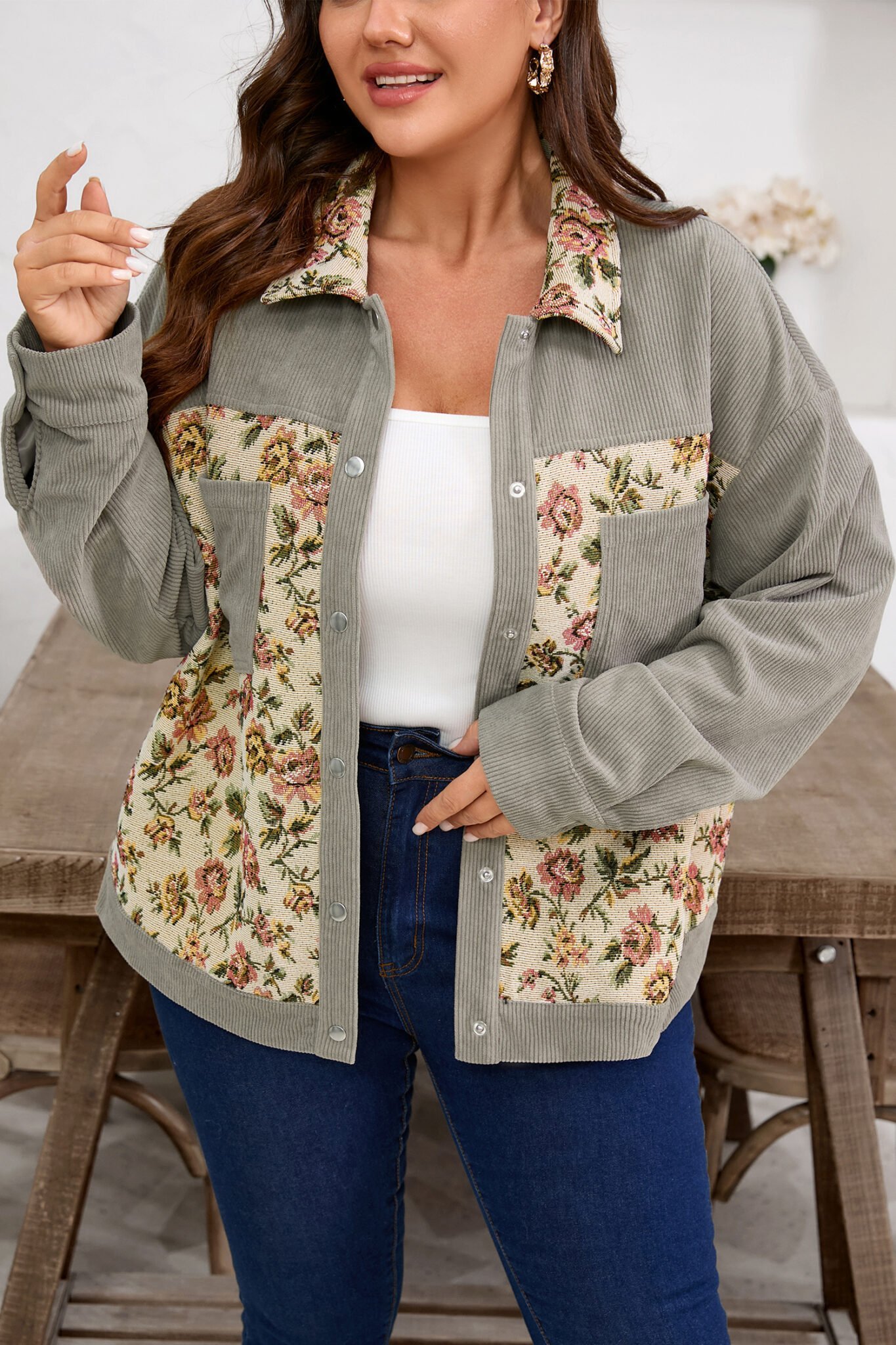 Medium Grey Corduroy Floral Patchwork Vintage Jacket - Image 13