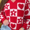 Fiery Red V Neck Flower Heart Detail Checkered Knit Loose Sweater