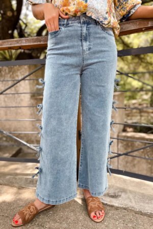 Beau Blue Bow Knot Side Detail Straight Leg Loose Jeans - Image 5
