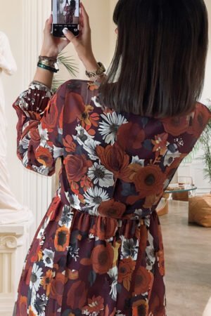 Alternative view of Red Floral Print Wrap V Neck Puff Sleeve Flowy Mini Dress