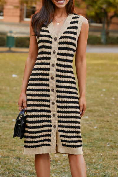 Parchment Buttoned Front Pencil Midi Sleeveless Sweater Dress