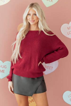 Red Dahlia Ribbed Knit Ribbon Knot Backless Drop Shoulder Sweater - Image 12