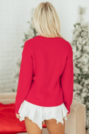 Fiery Red Sequin Bow Accent Drop Shoulder Festive Sweater - Image 2