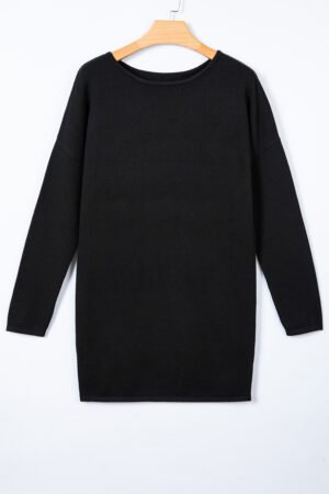 Black Asymmetric Neck Batwing Sleeve Shift Mini Sweater Dress - Image 9
