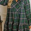 Green Plus Size Plaid Long Sleeve Notched Neck Shift Mini Dress
