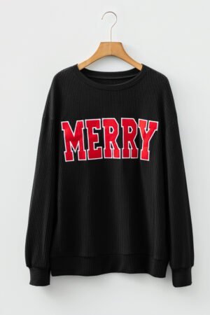 Black Twisted Rib Outlined Merry Letter Graphic Loose Long Sleeve Top - Image 4