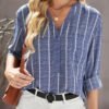 Blue Striped Print V Neck Half Buttons Loose Blouse