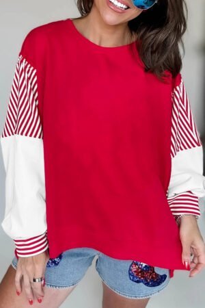 Fiery Red Striped Patchwork Sleeve Colorblock Sweatshirt