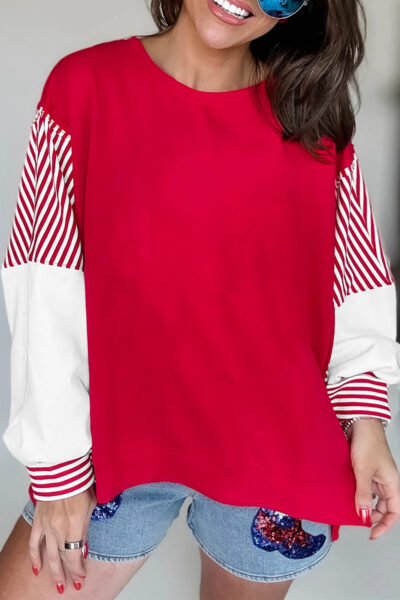 Fiery Red Striped Patchwork Sleeve Colorblock Sweatshirt