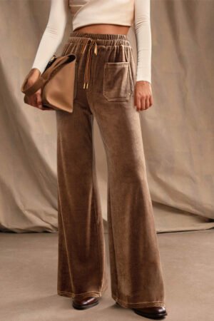 Coffee Straight Loose Drawstring Elastic High Waist Fleece Pants - Image 2