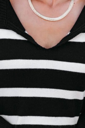 Black Caped V Neck Slit Sleeve Striped/Solid Sweater - Image 6
