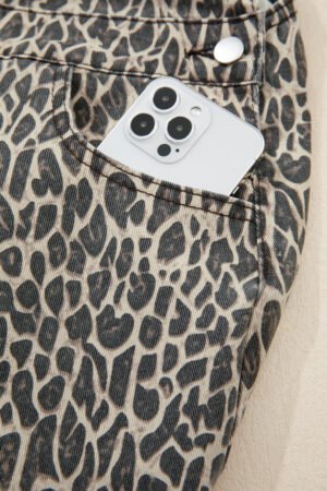 Brown Leopard Print Straight Leg Loose Denim Overall Jumpsuit - Image 6