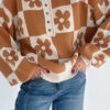 Thai Curry Flower Plaid Henley Baggy Sweater