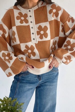 Thai Curry Flower Plaid Henley Baggy Sweater