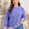 Wisteria Plus Size Striped Trim Drop Shoulder Knit Loose Sweater