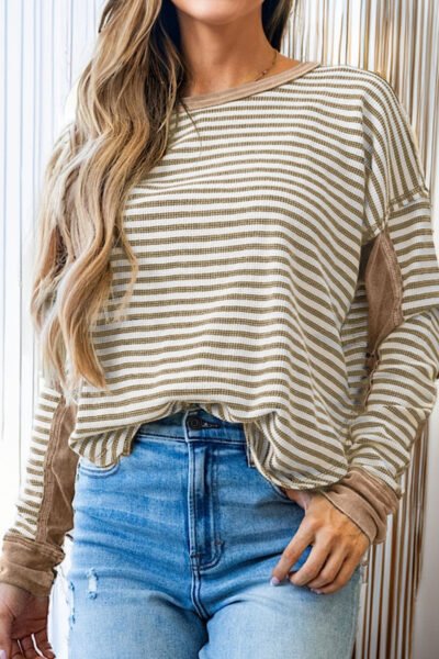 Khaki Stripe Thermal Knit Drop Shoulder Casual Top
