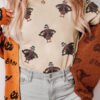 Khaki Sequined Turkey Patched Pattern Crewneck Thanksgiving T Shirt
