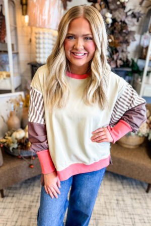 White Color Block Striped Patchwork Dolman Slit Sweatshirt - Image 5