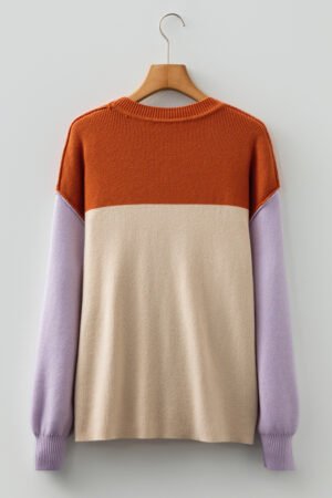 Khaki Color Block Plain Ribbed Knit Baggy Sweater - Image 11