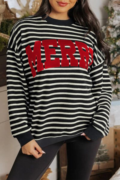 Black Stripe Contrast MERRY Letter Christmas Print Drop Shoulder Sweatshirt