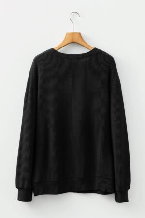 Black Twisted Rib Outlined Merry Letter Graphic Loose Long Sleeve Top - Image 5