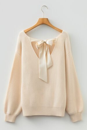 Jet Stream Ribbed Knit Ribbon Knot Backless Drop Shoulder Sweater - Image 5