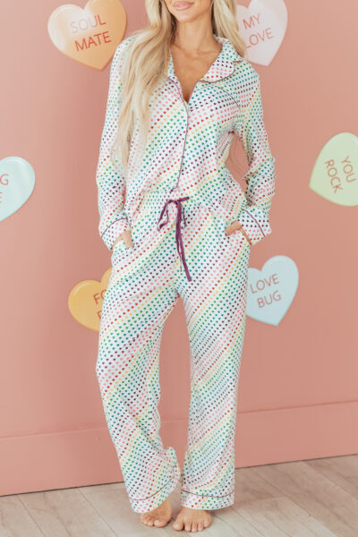 White Pride Heart Print Valentines Long 2pcs Pajama Set