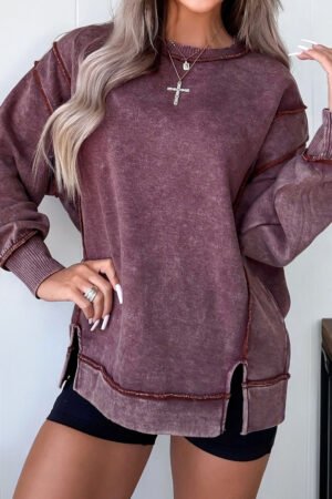 Red Sandalwood Mineral Wash Exposed Seam Side Slit Sweatshirt - Image 3