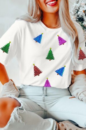 White Glitter Christmas Tree Pattern Cuffed Sleeve Christmas T Shirt - Image 3
