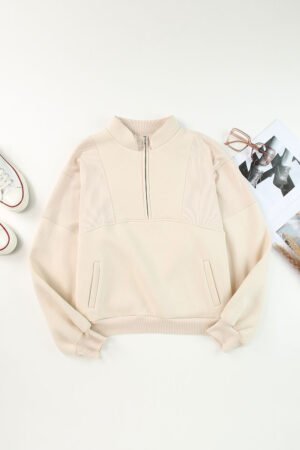 Apricot Half Zip Stand Collar Exposed Seam Solid Color Casual Sweatshirt - Image 6