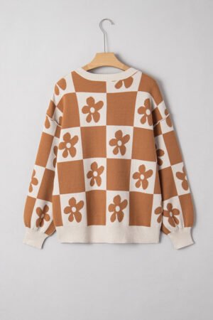 Thai Curry Flower Plaid Henley Baggy Sweater - Image 5