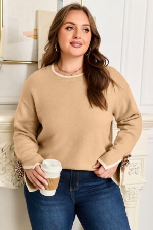 Tan Plus Size Leopard Bow Decor Split Cuffs Loose Sweater - Image 9