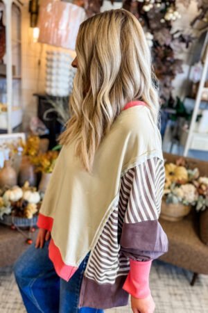 White Color Block Striped Patchwork Dolman Slit Sweatshirt - Image 3