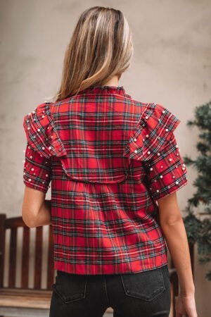 Red Festive Plaid Pearl Embellished Ruffle Short Sleeve Blouse - Image 4