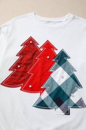 White Pearl Plaid Christmas Tree Patched Drop Shoulder Sweatshirt - Image 7