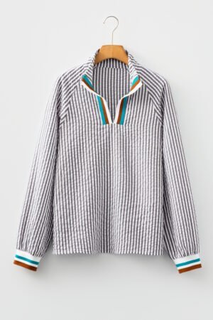 Dark Grey Striped Print Contrast Patchwork Detail Split Neck Blouse
