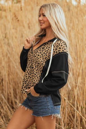 Brown Leopard Patchwork Contrast Stitching Knotted Cuff Quarter Zip Hoodie - Image 3