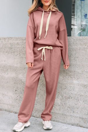 Rose Tan Lace Drawstring Pullover Hoodie and High Waist Pants Corduroy Suit - Image 9