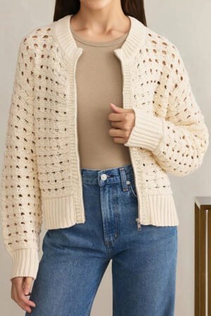 Beige Hollowed Pattern Knit Zip Up Drop Shoulder Sweater Cardigan - Image 14