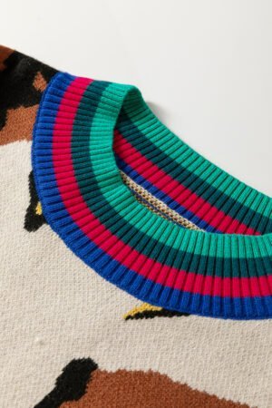 Apricot Contrast Ribbed Stripes Detail Animal Pattern Knit Sweater - Image 5