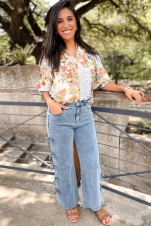 Beau Blue Bow Knot Side Detail Straight Leg Loose Jeans - Image 3