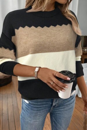 Black Colorblock Crew Neck Drop Shoulder Sweater - Image 8