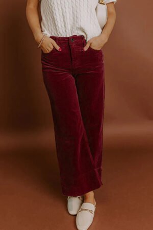 Burgundy Corduroy Solid Color High Waist Wide Leg Pants - Image 5