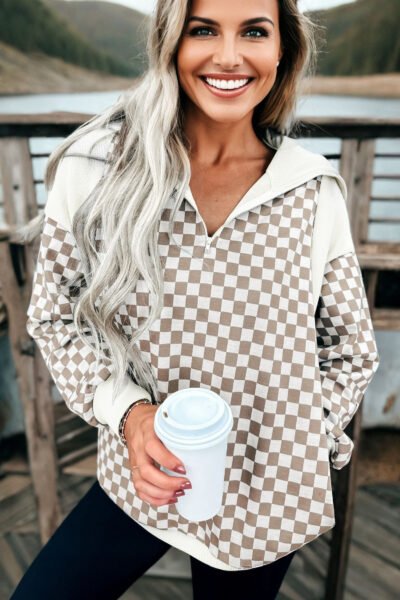 Khaki Checkered Print Quarter Zip Ribbed Patchwork Loose Sweatshirt