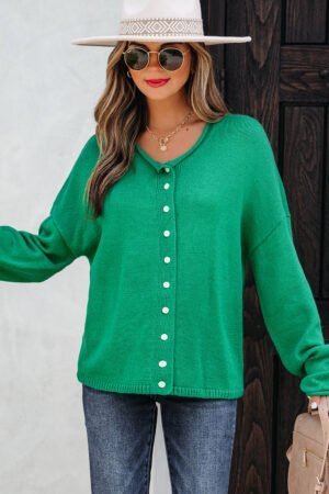 Bright Green Solid Color Knit Button Drop Shoulder Sweater Cardigan - Image 4