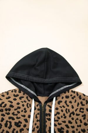 Brown Leopard Patchwork Contrast Stitching Knotted Cuff Quarter Zip Hoodie - Image 7