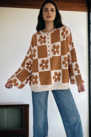Alternative view of Thai Curry Flower Plaid Henley Baggy Sweater