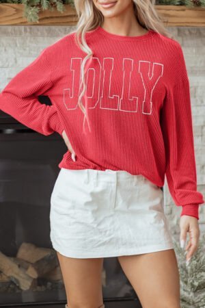 Racing Red Twisted Rib Outlined Merry Letter Graphic Loose Long Sleeve Top - Image 5